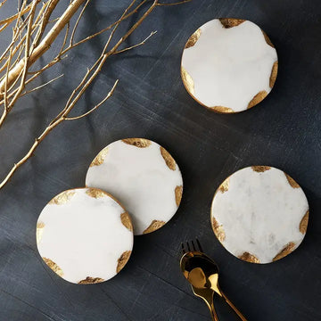 Set of 4 Round Marble Coasters Gold Edge