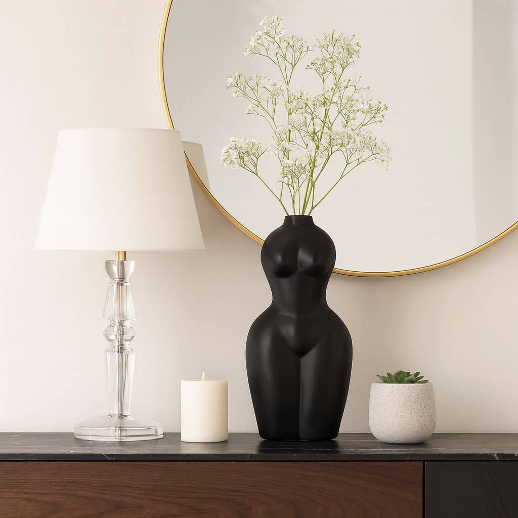 Body Form Vase - Black Stone Torso Modern Woman, 12 in.