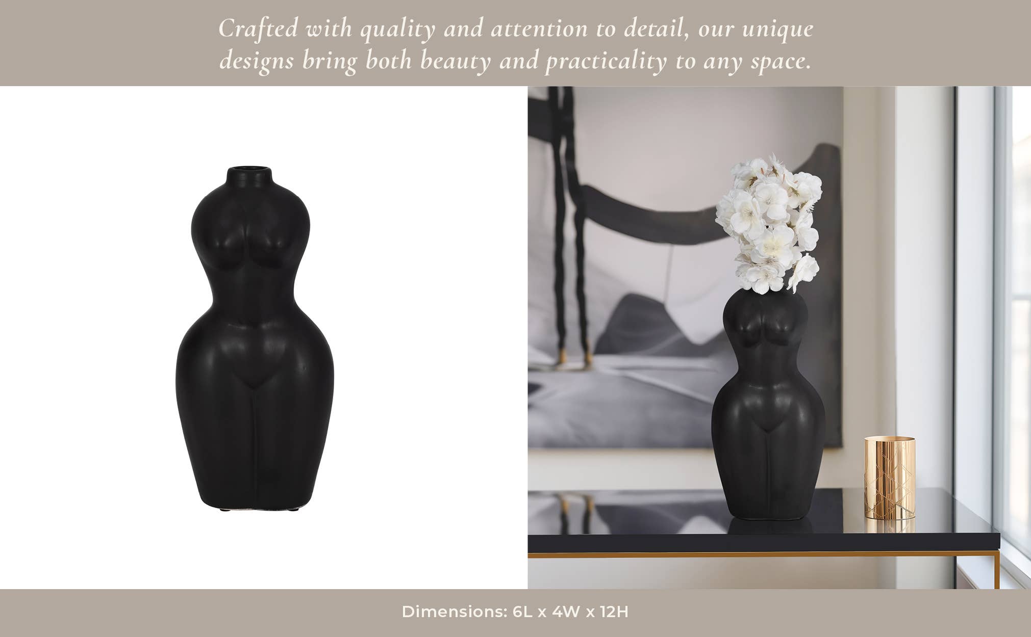 Body Form Vase - Black Stone Torso Modern Woman, 12 in.