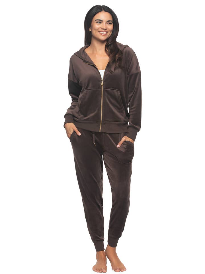 Luxe Velour Zip Hoodie and Jogger Set - Java