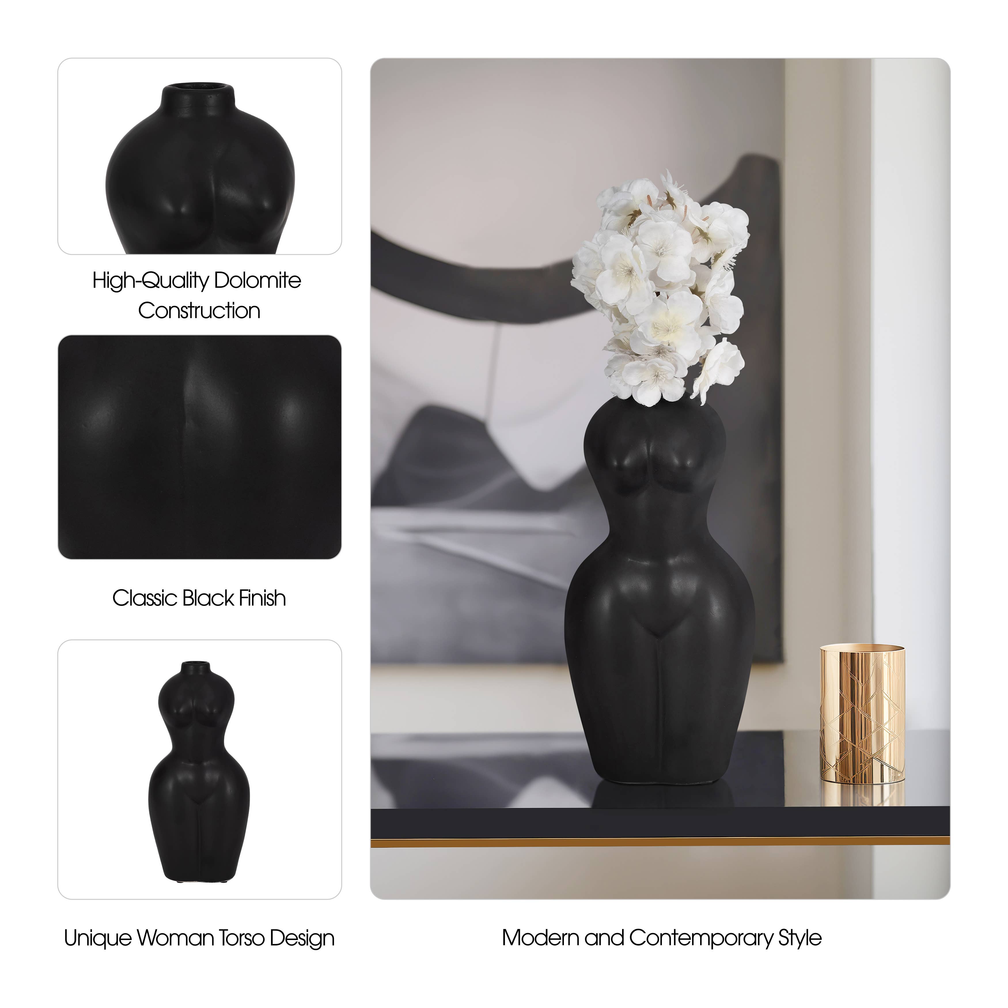 Body Form Vase - Black Stone Torso Modern Woman, 12 in.