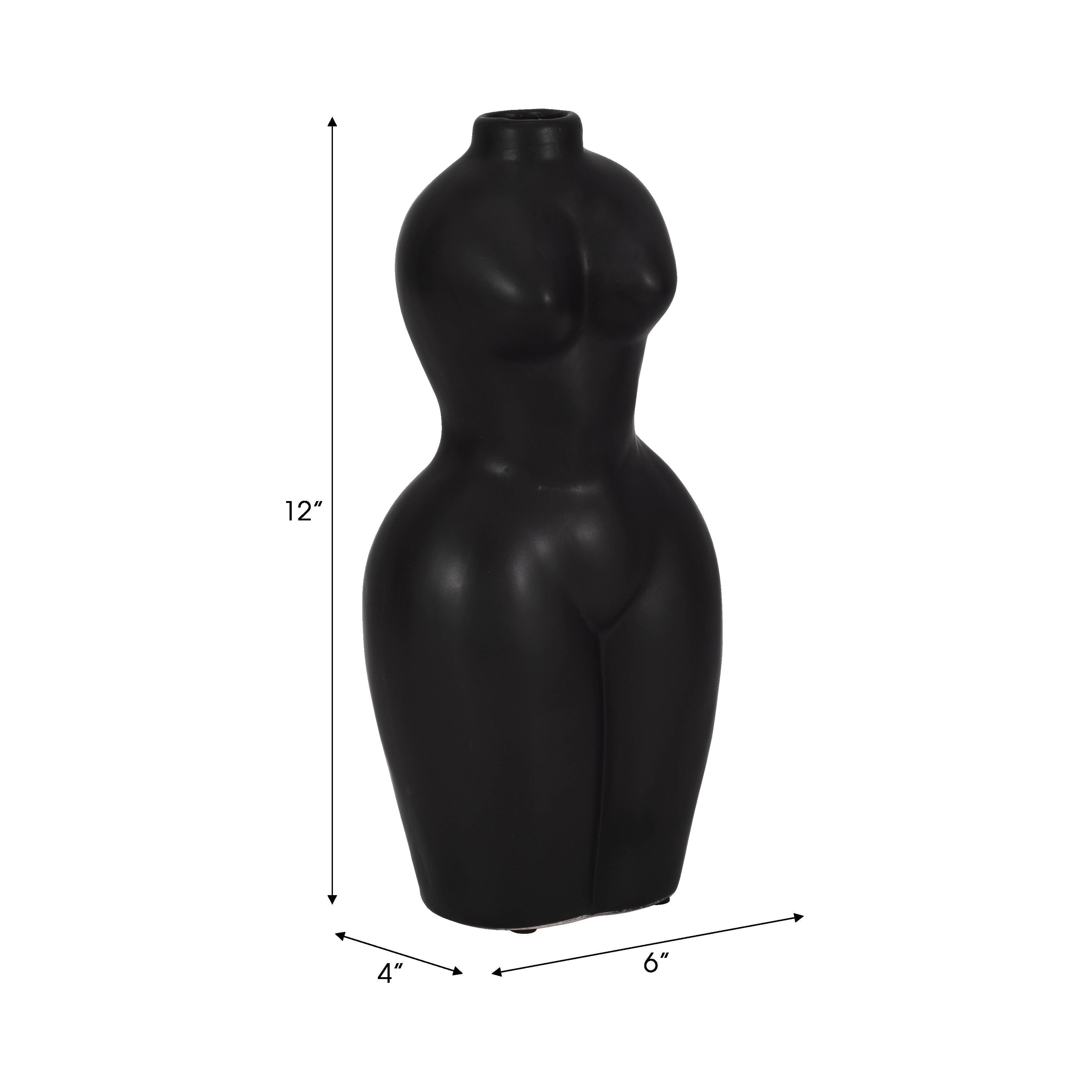 Body Form Vase - Black Stone Torso Modern Woman, 12 in.