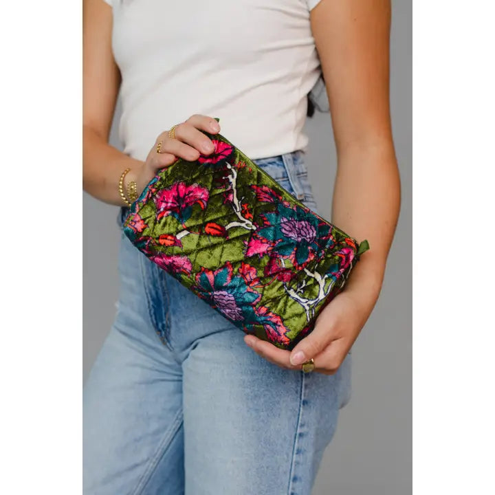 Olive & Multicolored Floral Travel Pouch