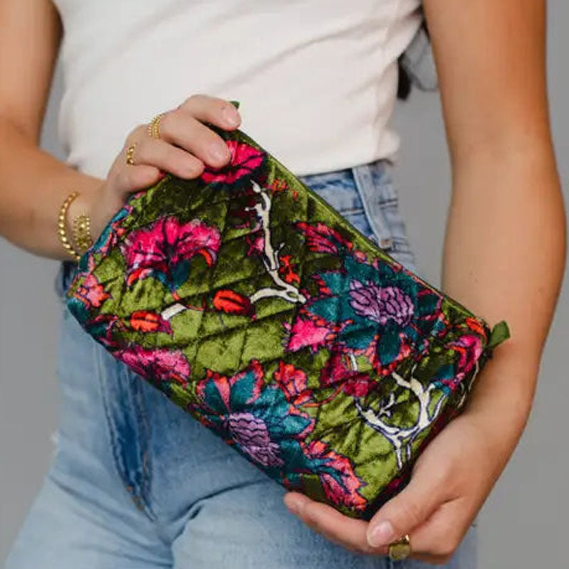 Olive & Multicolored Floral Travel Pouch