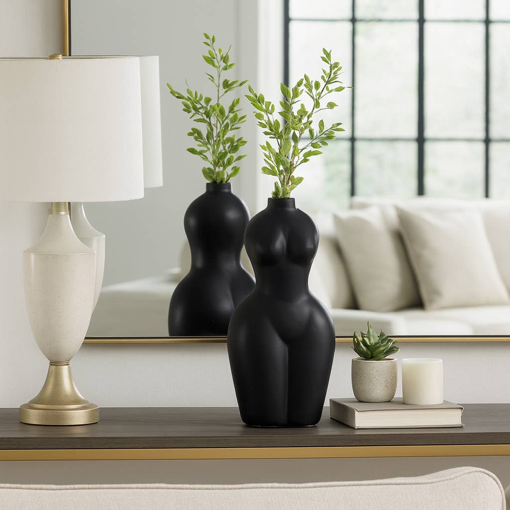 Body Form Vase - Black Stone Torso Modern Woman, 12 in.