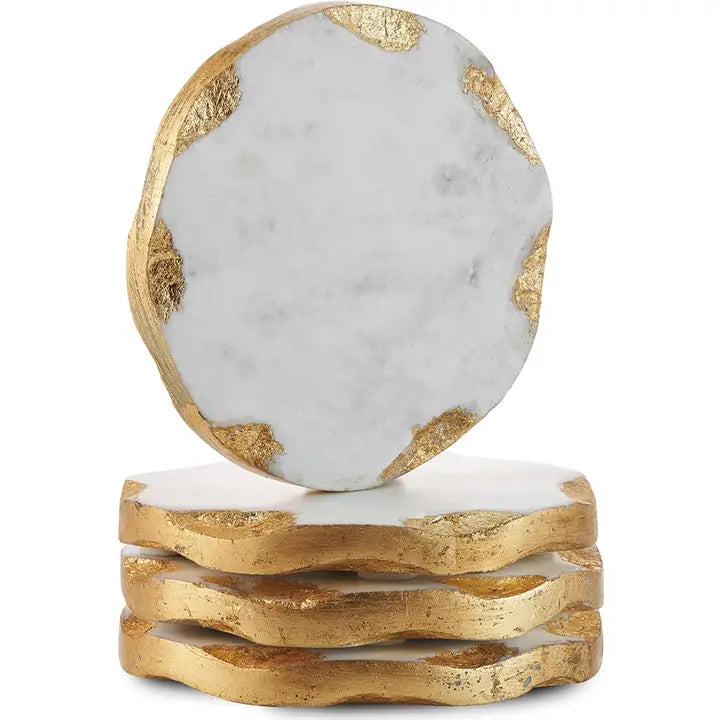 Set of 4 Round Marble Coasters Gold Edge